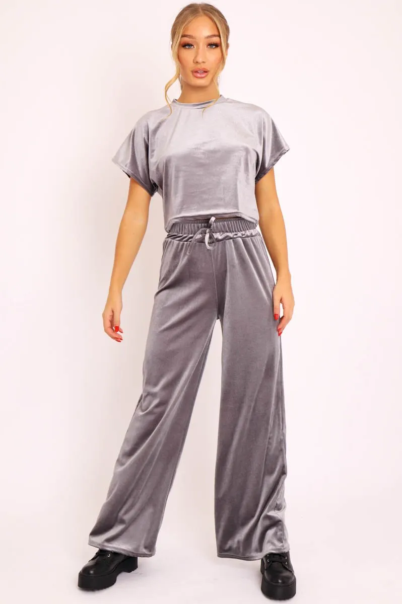 Grey Velvet Crop Top and Trousers Loungewear Set - Kani