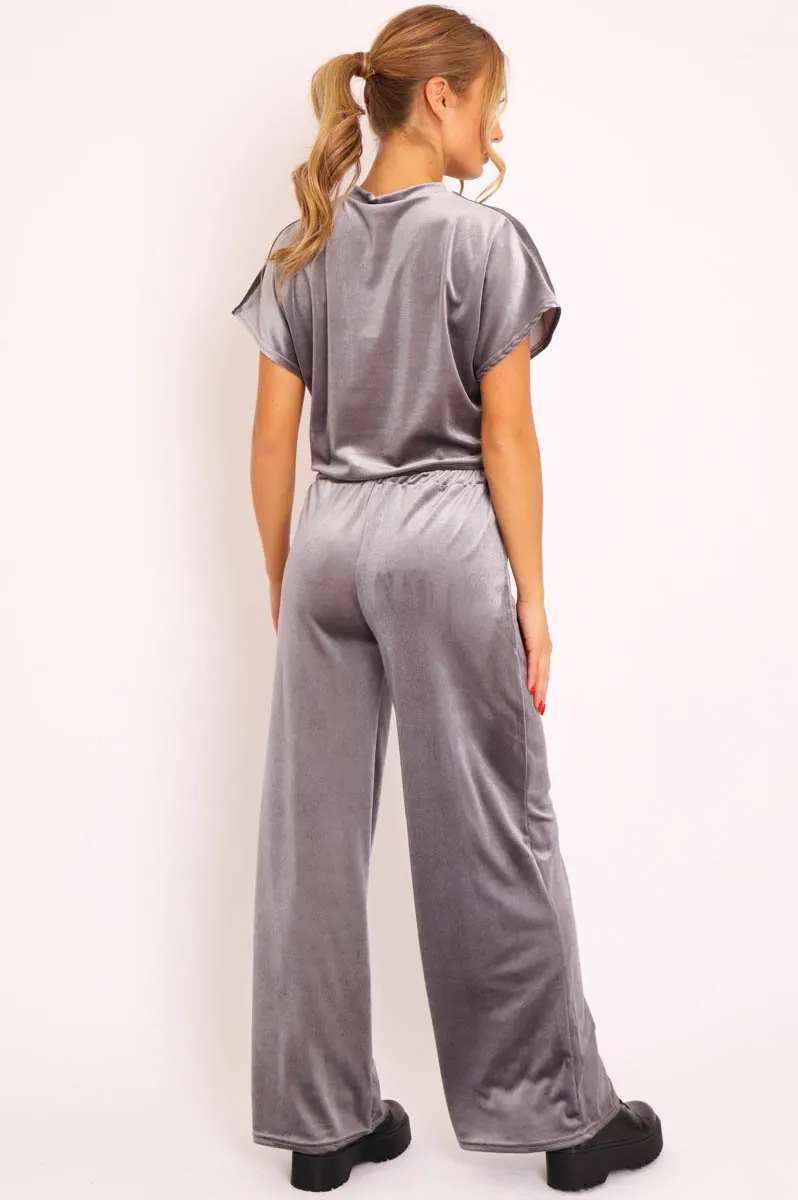 Grey Velvet Crop Top and Trousers Loungewear Set - Kani