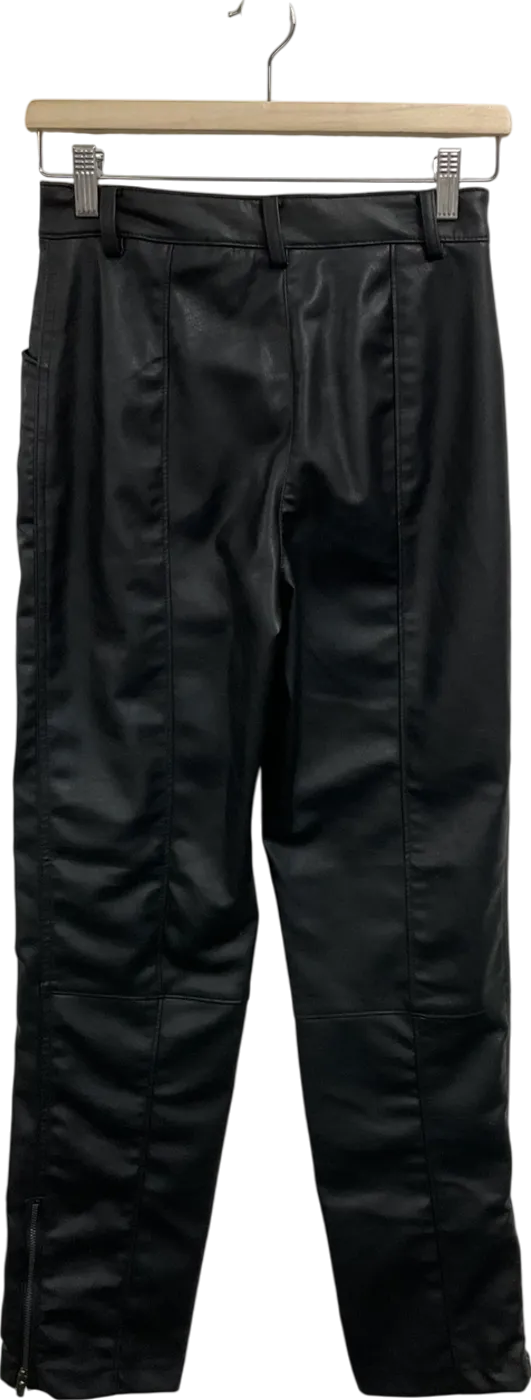 H&M Black Straight Leg Faux Leather Trousers With Zip Hem UK 8
