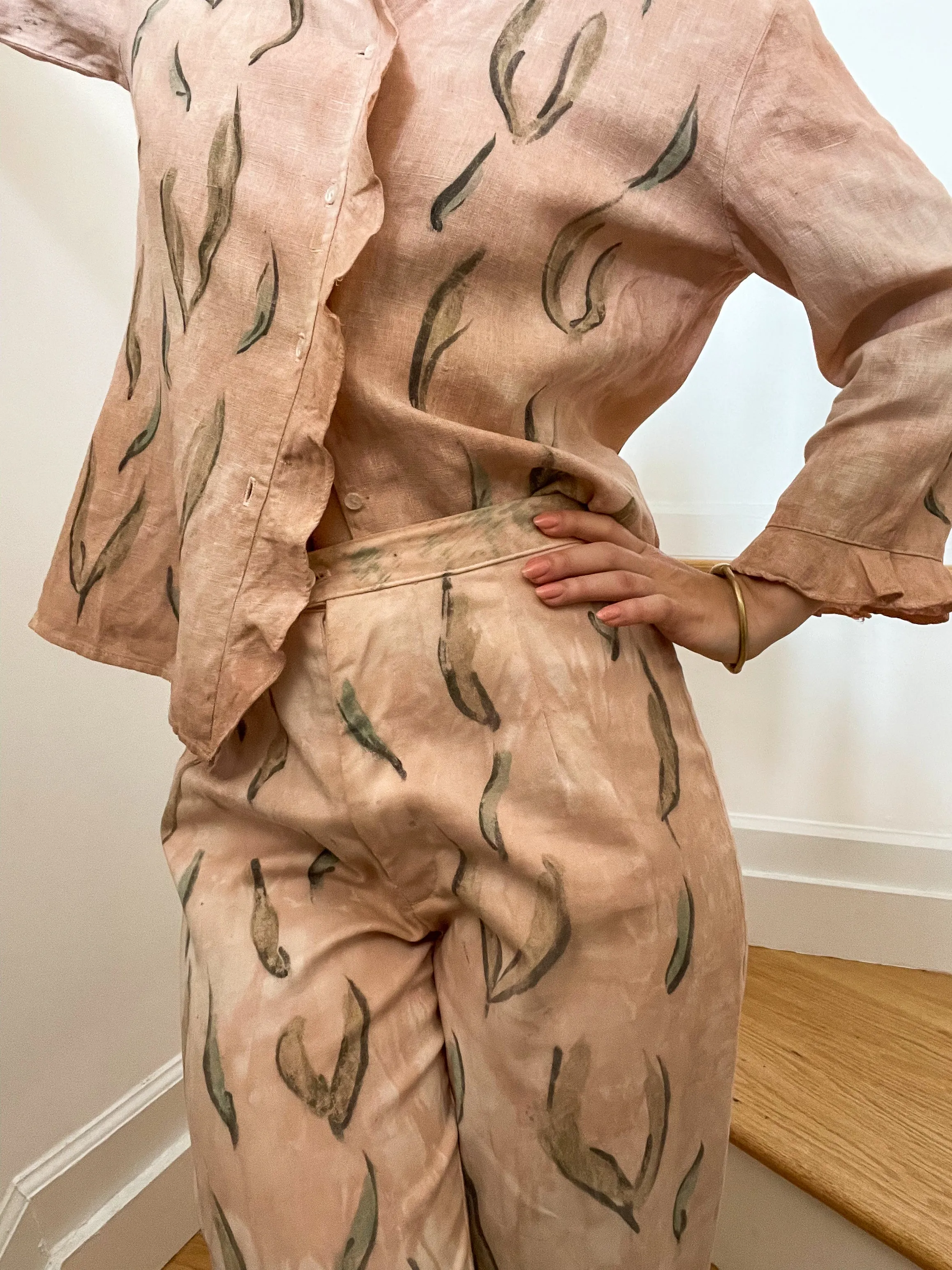 Hand-Painted Cotton Twill High-Waisted Trousers - Sage Leaf