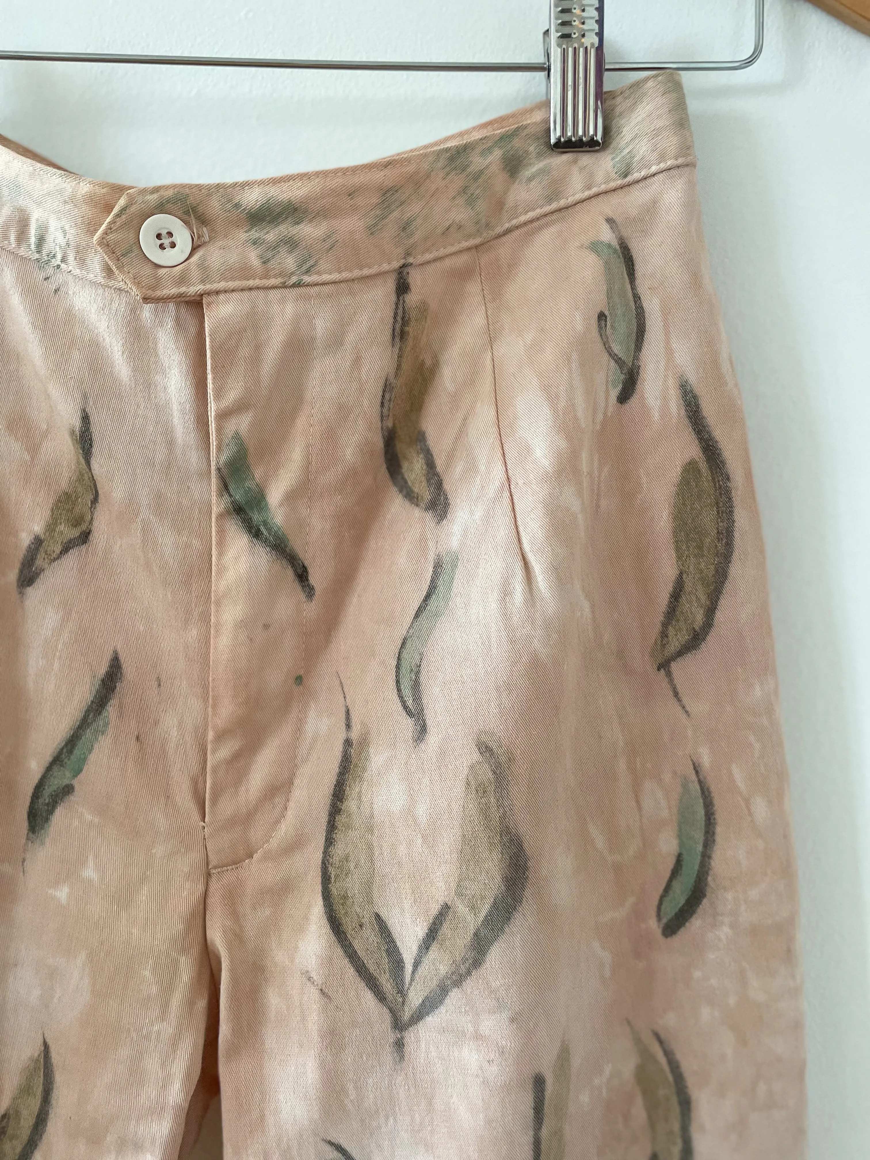 Hand-Painted Cotton Twill High-Waisted Trousers - Sage Leaf