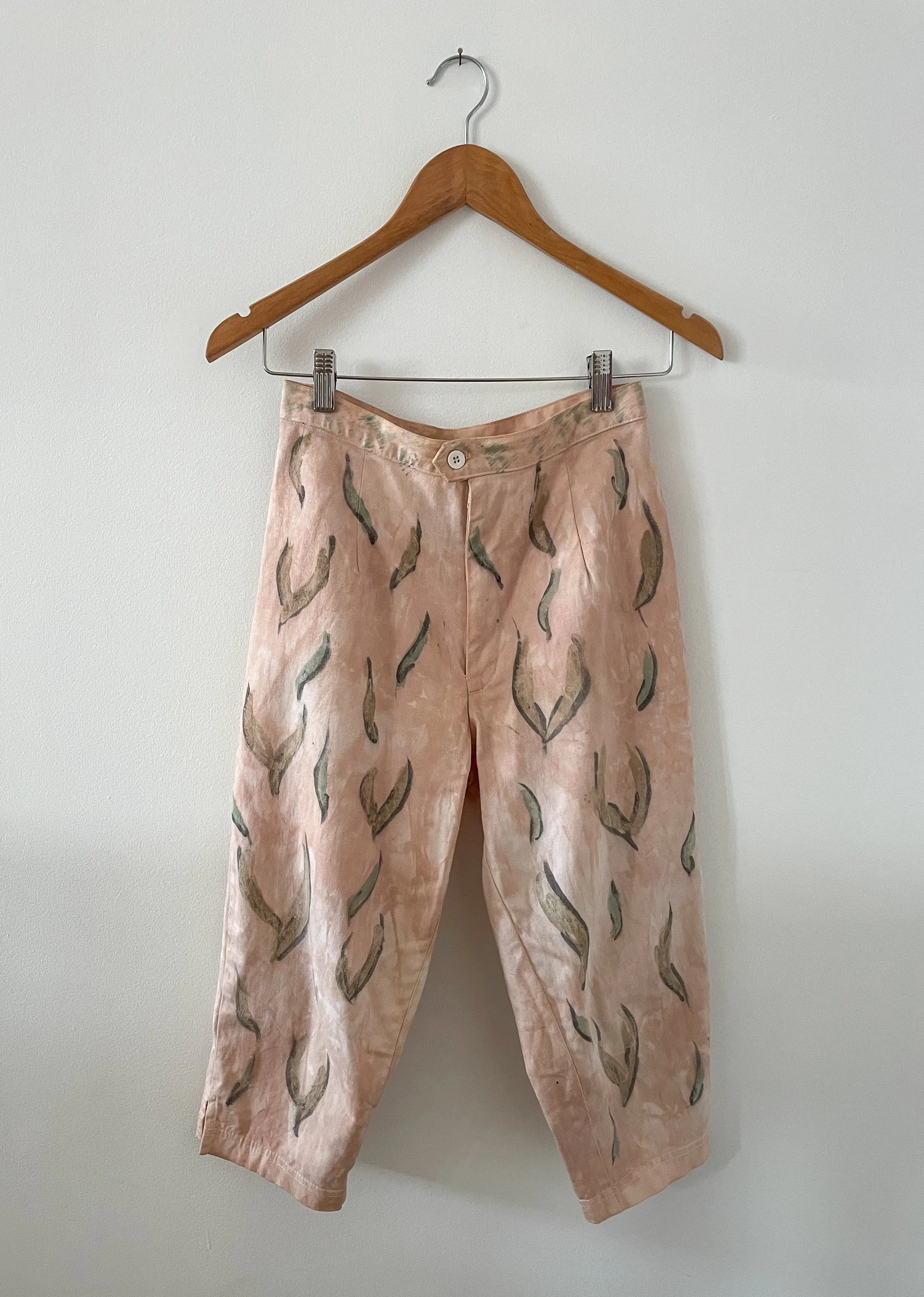Hand-Painted Cotton Twill High-Waisted Trousers - Sage Leaf