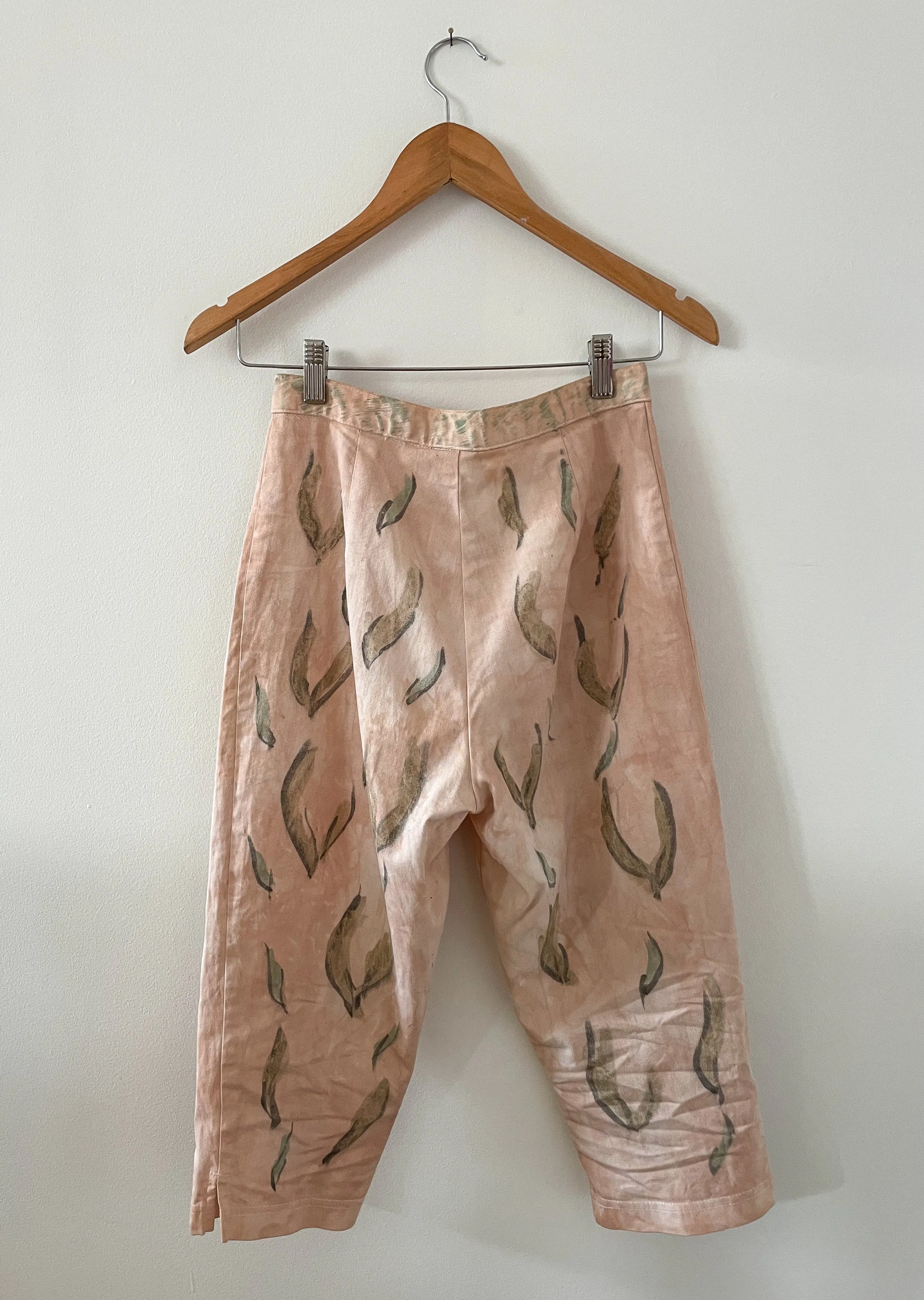 Hand-Painted Cotton Twill High-Waisted Trousers - Sage Leaf