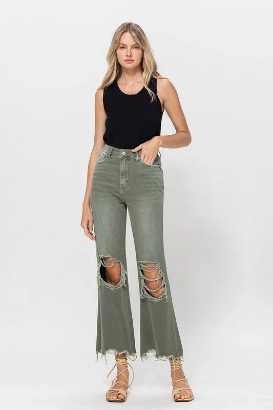 Happy Place 90's Crop Flare Jeans - Army Green - SALE