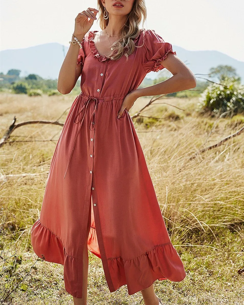 Happy Tiers Puff Sleeve Midi Dress - Bean Paste
