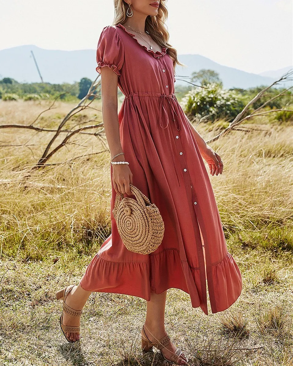 Happy Tiers Puff Sleeve Midi Dress - Bean Paste