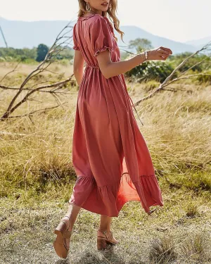 Happy Tiers Puff Sleeve Midi Dress - Bean Paste