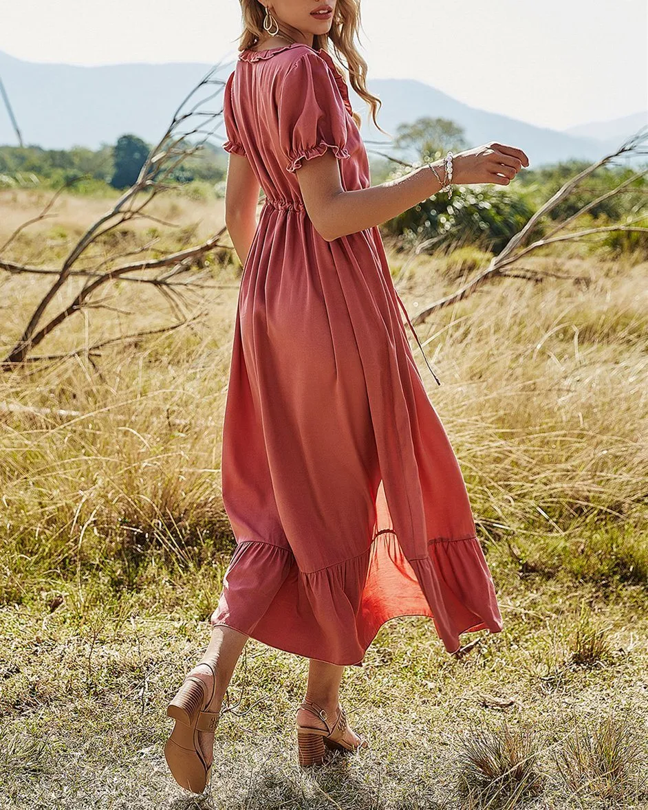 Happy Tiers Puff Sleeve Midi Dress - Bean Paste
