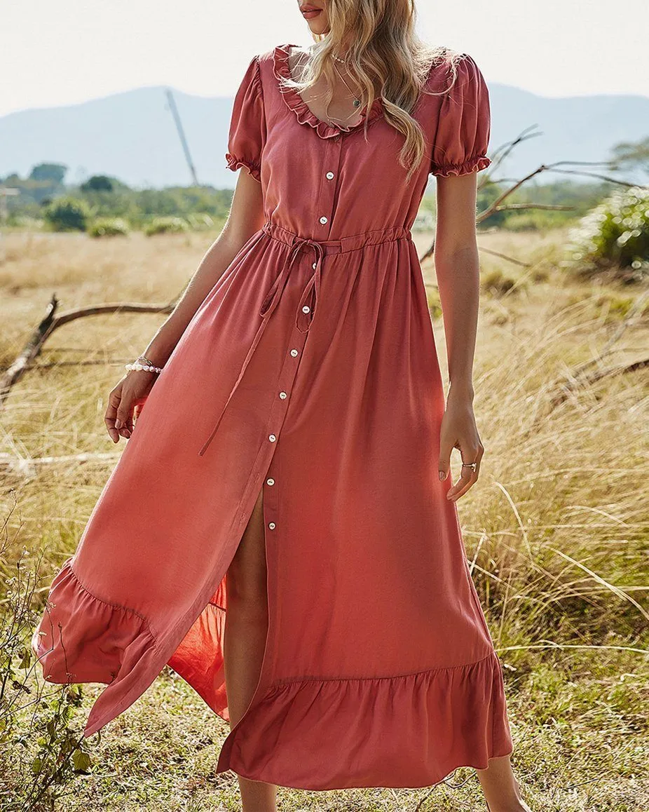 Happy Tiers Puff Sleeve Midi Dress - Bean Paste