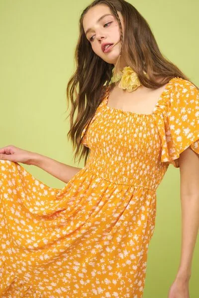 Hazel Blues® |  Mittoshop Flower Print Flutter Sleeve Smocked Midi Dress