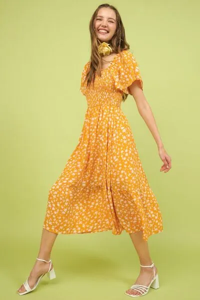 Hazel Blues® |  Mittoshop Flower Print Flutter Sleeve Smocked Midi Dress