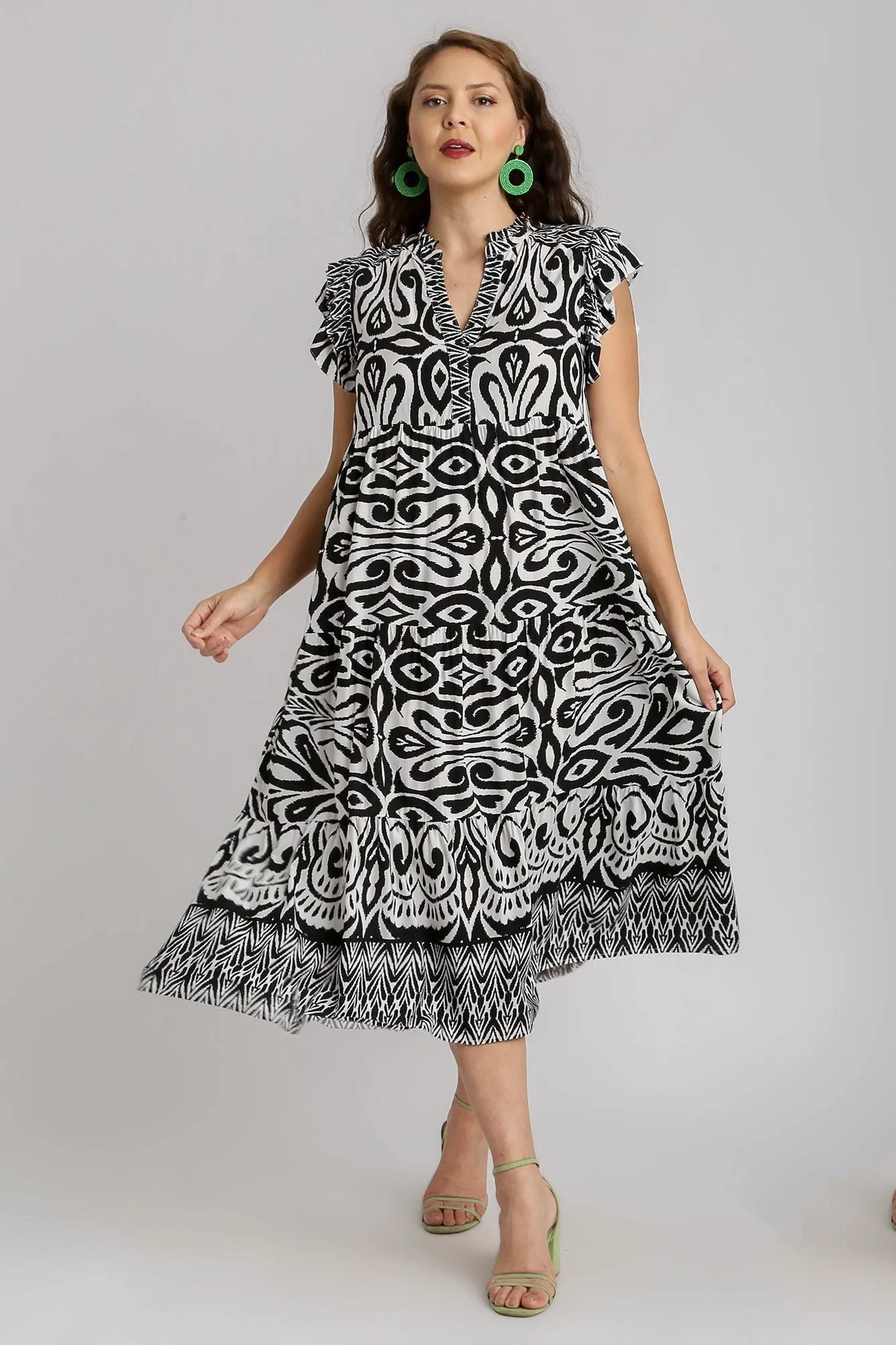Hazel Blues® | Umgee Two Tone Border Print Ruffle Cap Sleeve Midi Dress