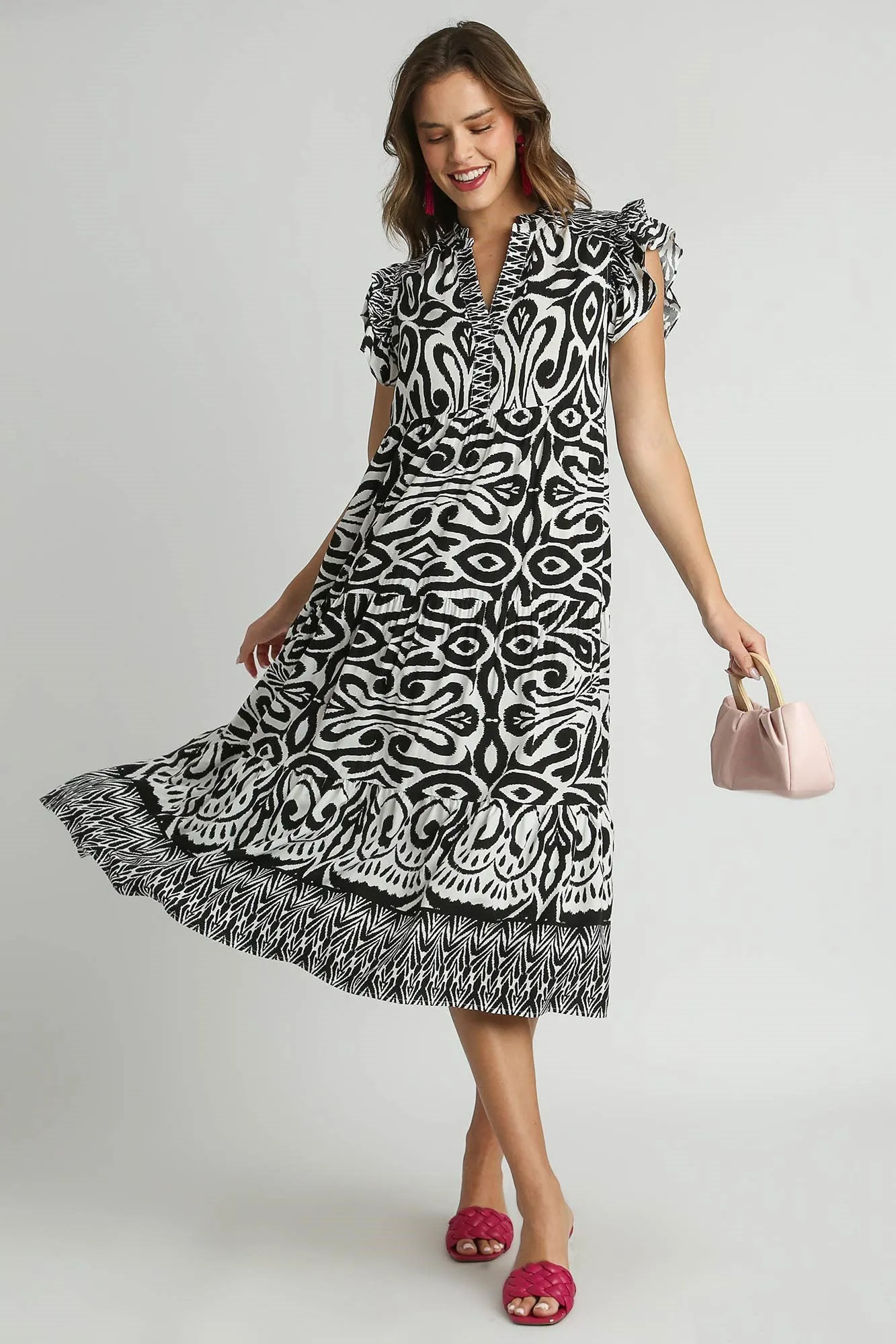 Hazel Blues® | Umgee Two Tone Border Print Ruffle Cap Sleeve Midi Dress