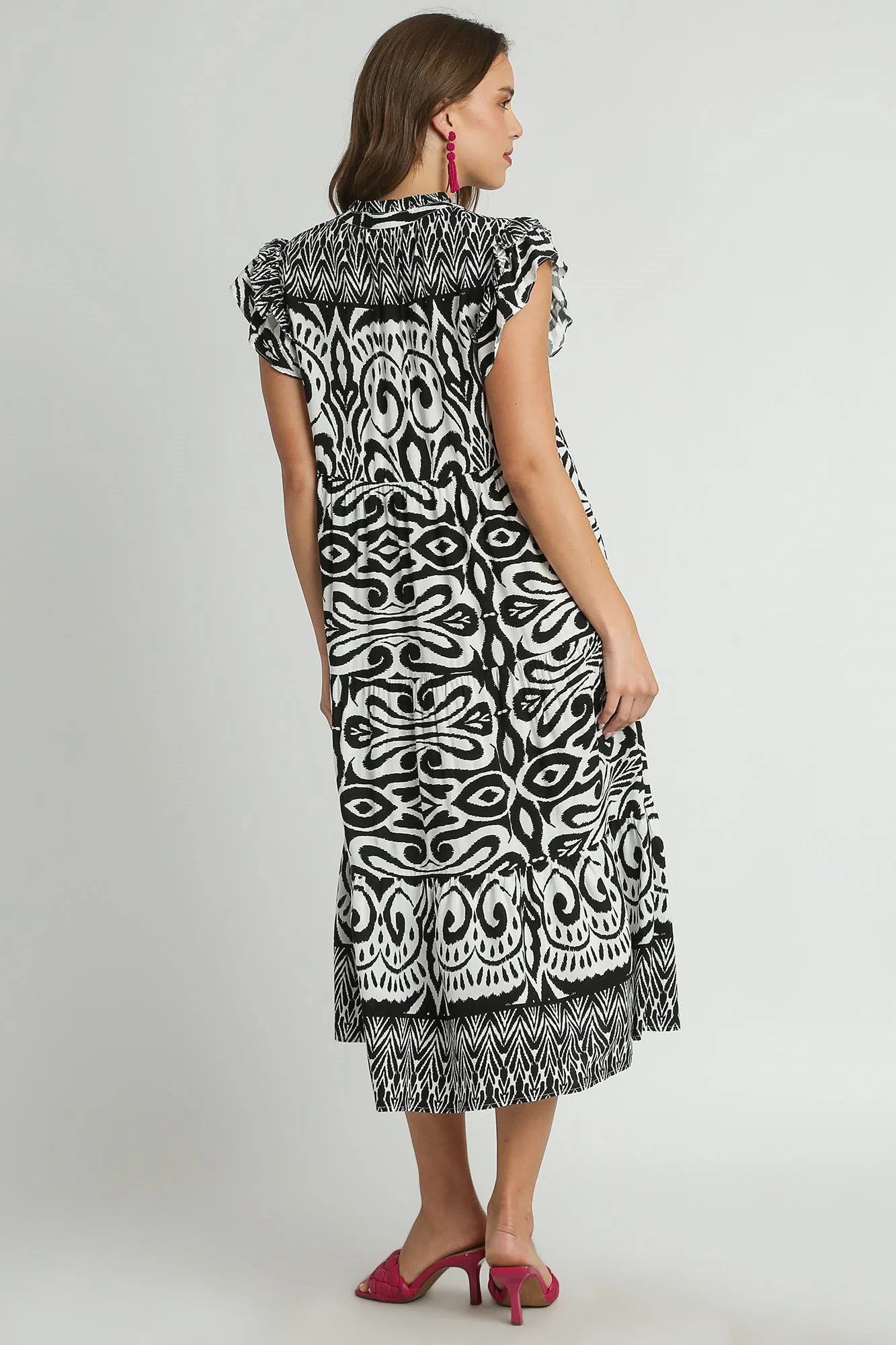 Hazel Blues® | Umgee Two Tone Border Print Ruffle Cap Sleeve Midi Dress