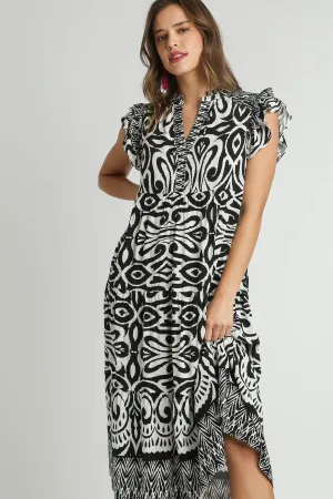 Hazel Blues® | Umgee Two Tone Border Print Ruffle Cap Sleeve Midi Dress