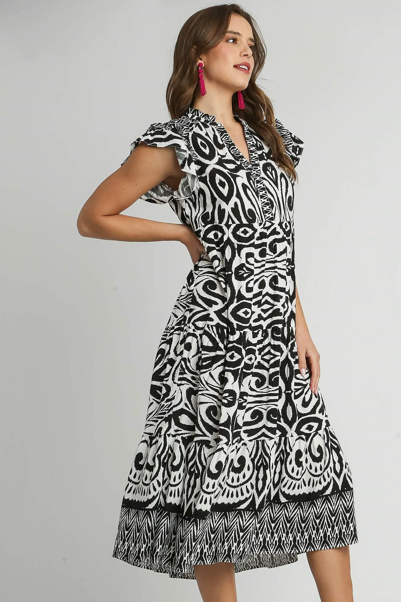 Hazel Blues® | Umgee Two Tone Border Print Ruffle Cap Sleeve Midi Dress