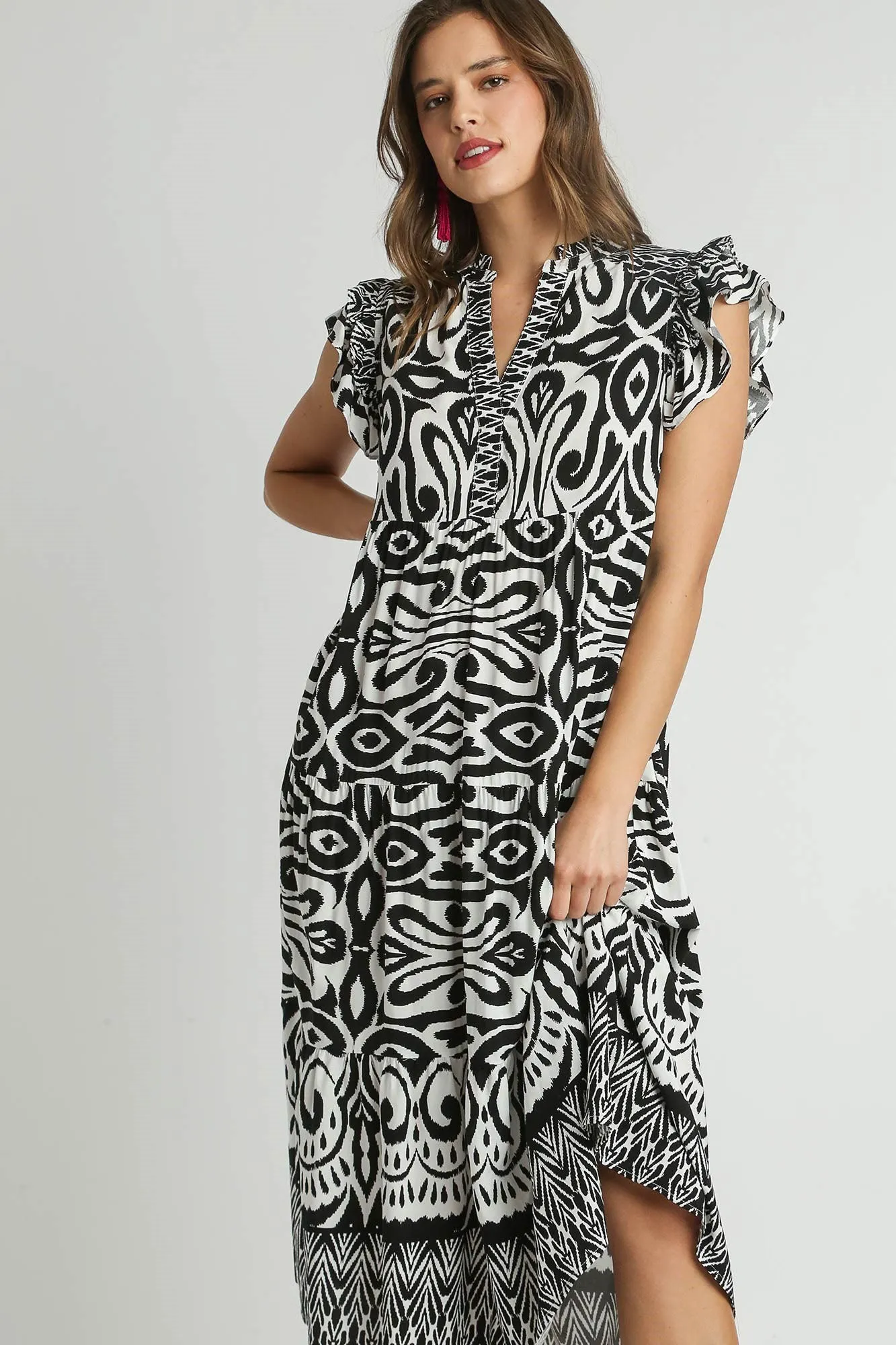 Hazel Blues® | Umgee Two Tone Border Print Ruffle Cap Sleeve Midi Dress