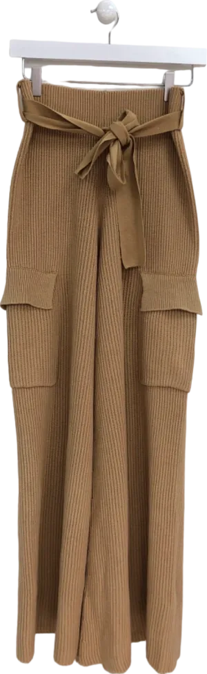 House of CB Camel Ribbed Knit Wide Leg Trousers UK M