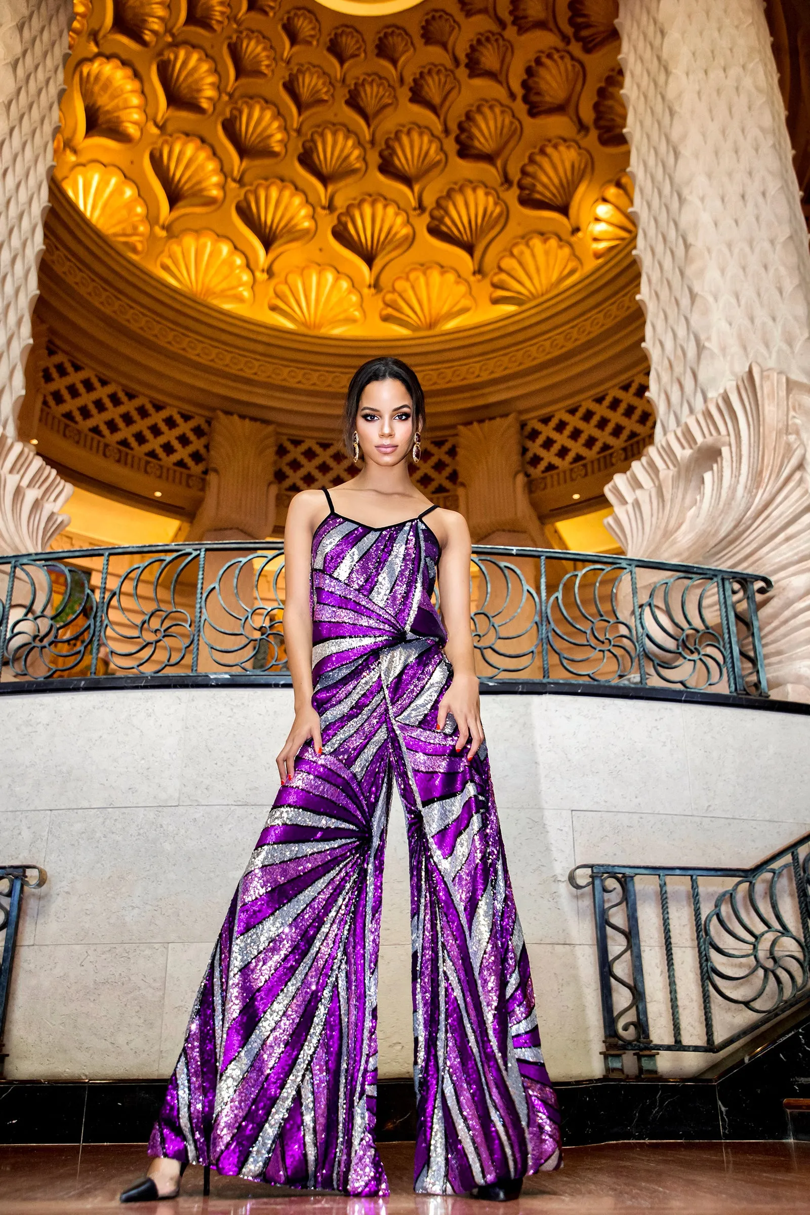 Ilona Rich Purple Geometrical Sequin Wide Leg Trousers