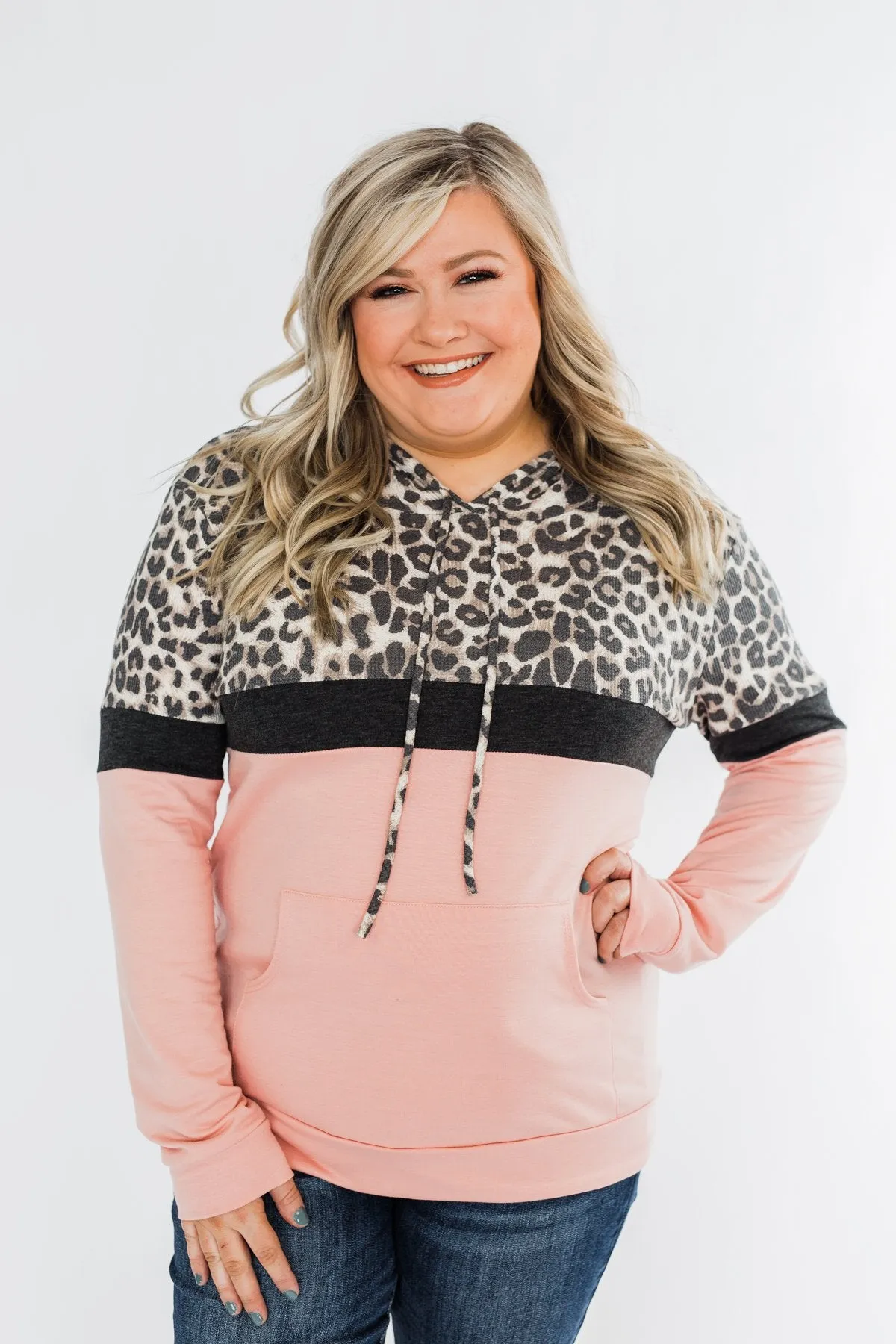 Into the Jungle Color Block Hoodie- Blush & Leopard