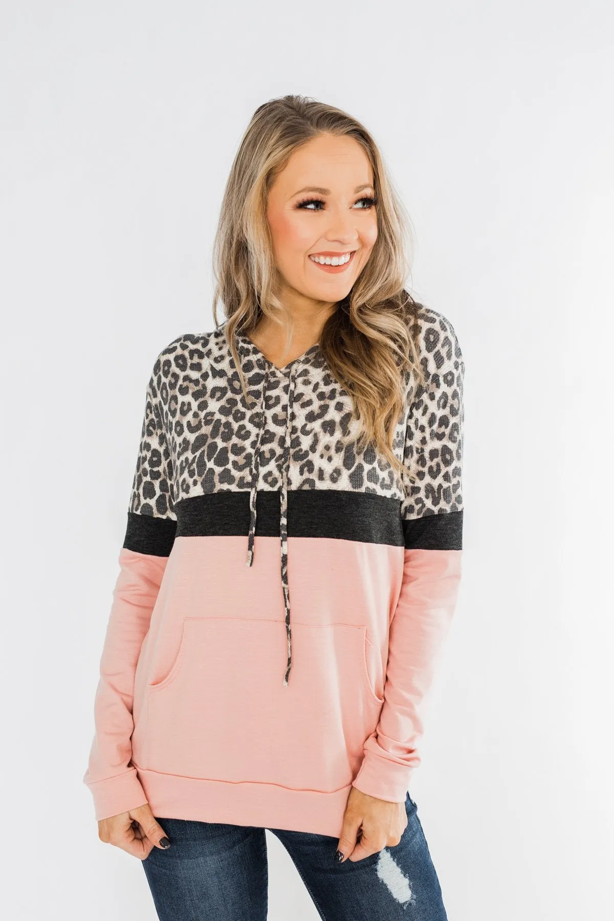 Into the Jungle Color Block Hoodie- Blush & Leopard