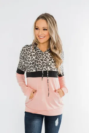 Into the Jungle Color Block Hoodie- Blush & Leopard