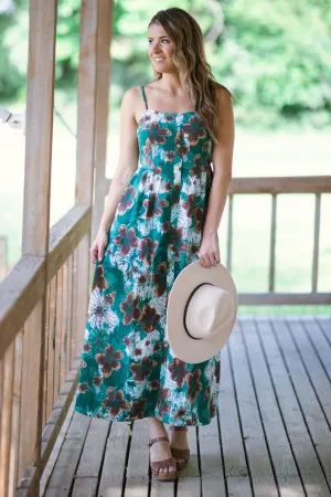Jade and Brown Floral Print Maxi Dress