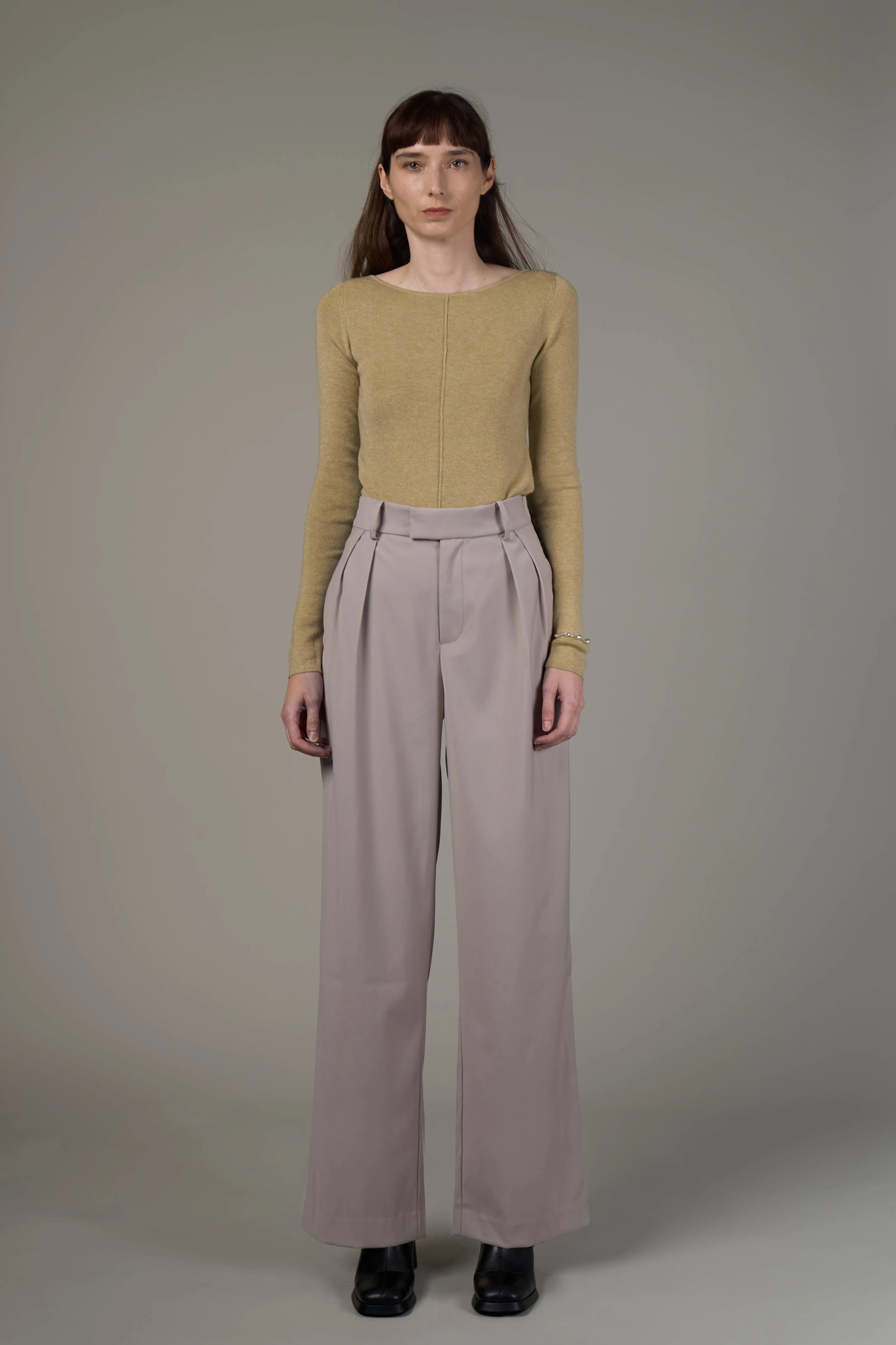 JLW008 Elastic Detail Wide-Leg Pants-Pastel Grey