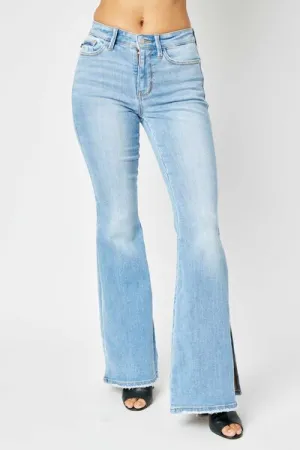 Judy Blue Mid Rise Raw Hem Slit Flare Jeans Up to 24W