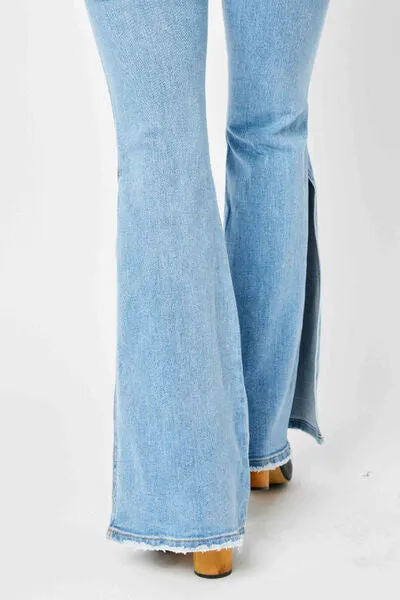 Judy Blue Mid Rise Raw Hem Slit Flare Jeans Up to 24W