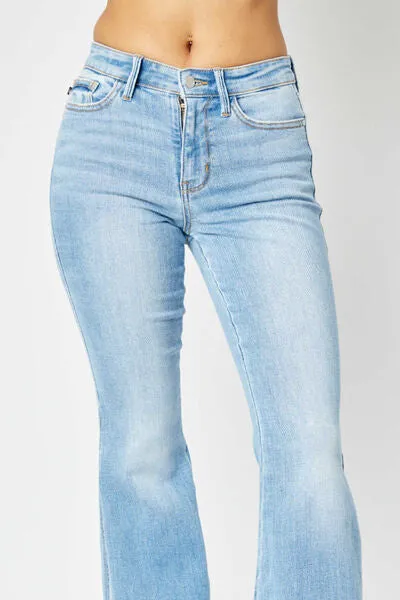 Judy Blue Mid Rise Raw Hem Slit Flare Jeans Up to 24W