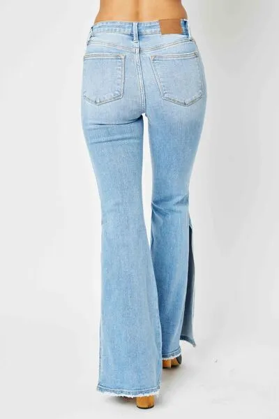 Judy Blue Mid Rise Raw Hem Slit Flare Jeans Up to 24W