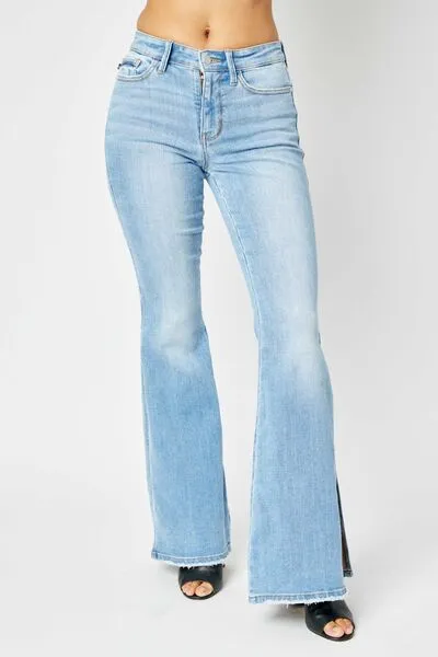 Judy Blue Mid Rise Raw Hem Slit Flare Jeans Up to 24W