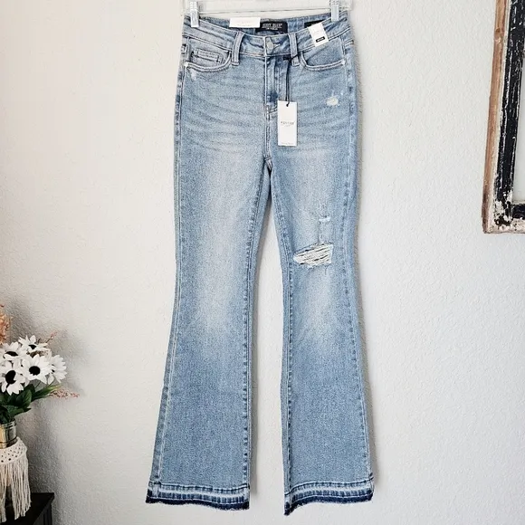 Judy Blue Mid Rise Released Shadow Raw Hem Bootcut Denim Jeans Various NEW