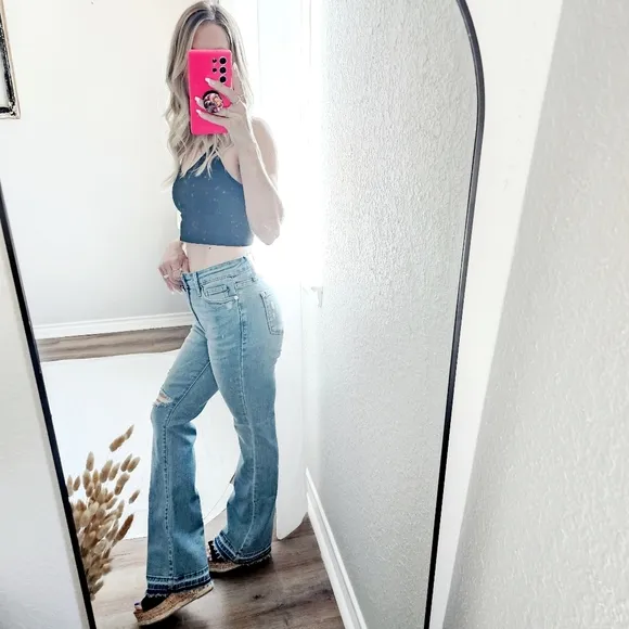 Judy Blue Mid Rise Released Shadow Raw Hem Bootcut Denim Jeans Various NEW