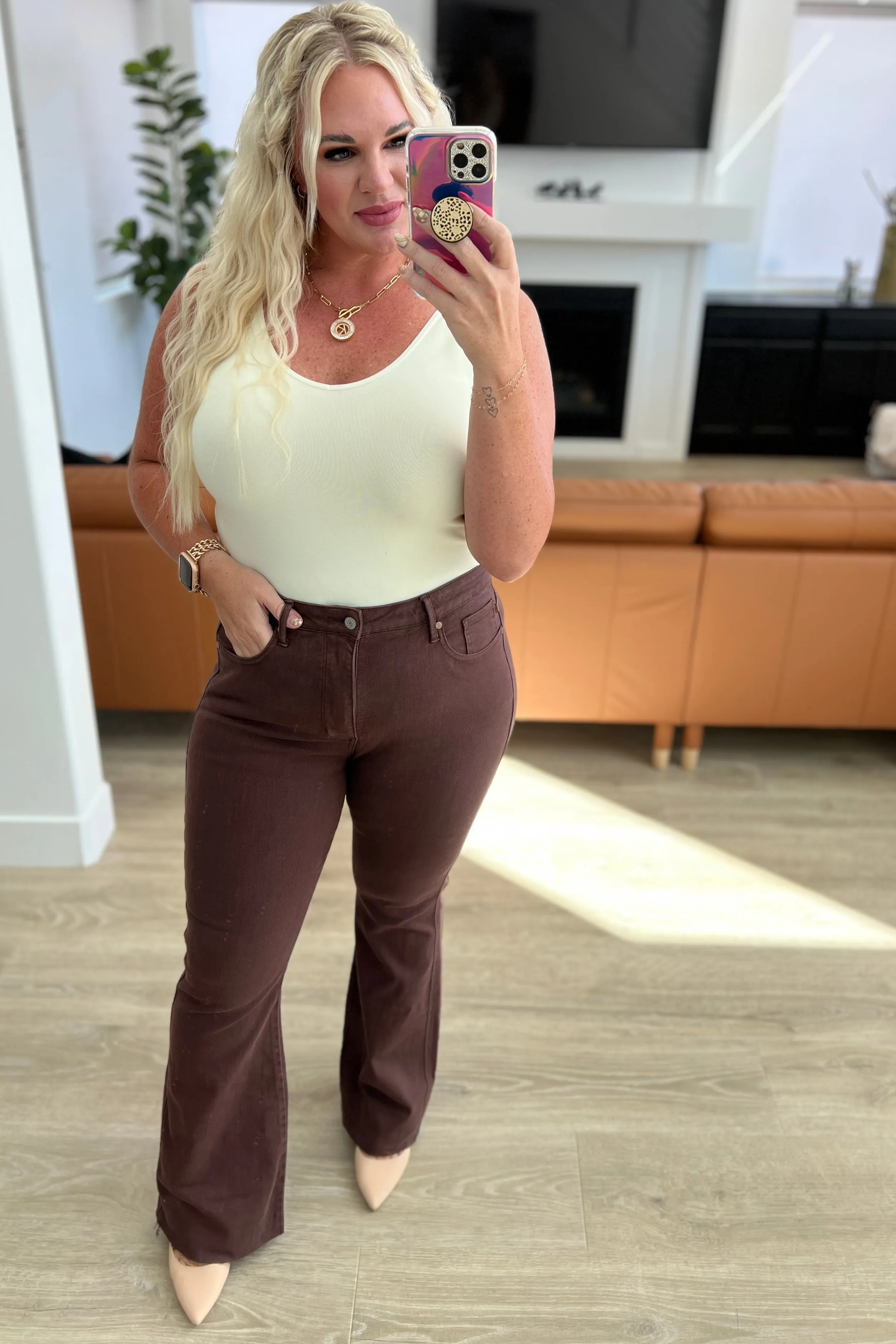JUDY BLUE Sienna High Rise Control Top Flare Jeans in Espresso