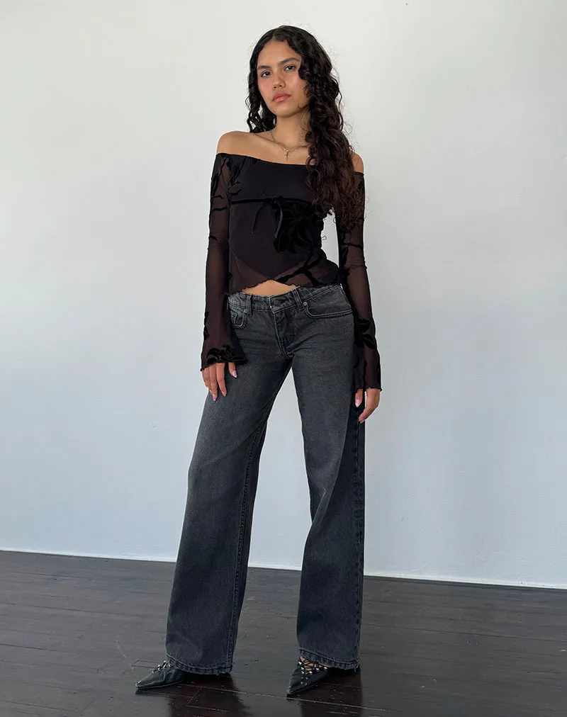 Kareena Long Sleeve Bardot Top in Orchid Flock Black