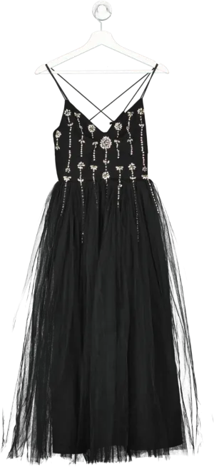 Karen Millen Black Crystal Embellished Tulle Midi Dress UK 6