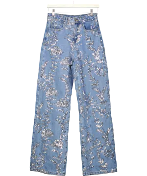 Karen Millen Blue Ivory Denim All Over Floral Sequin Wide Leg Trousers UK 6