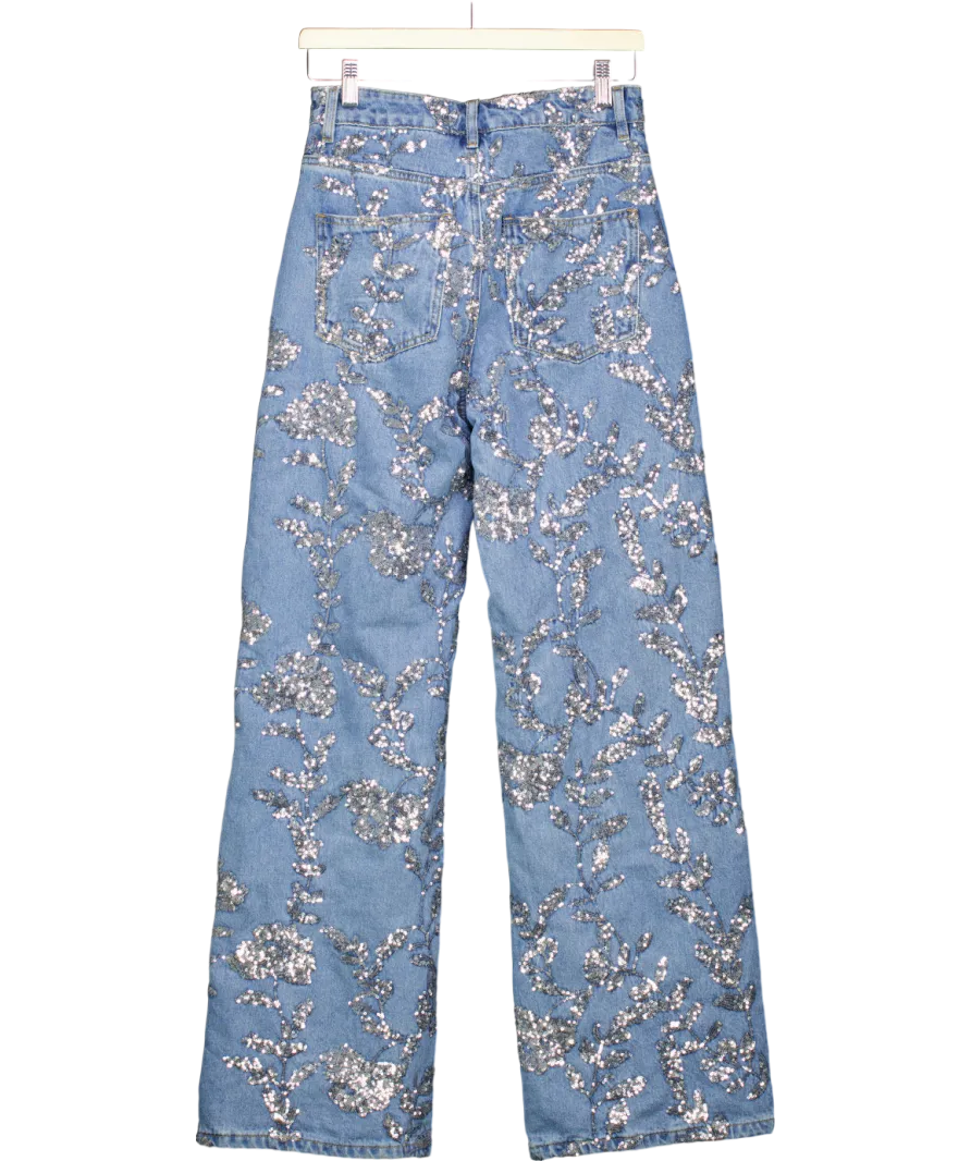 Karen Millen Blue Ivory Denim All Over Floral Sequin Wide Leg Trousers UK 6