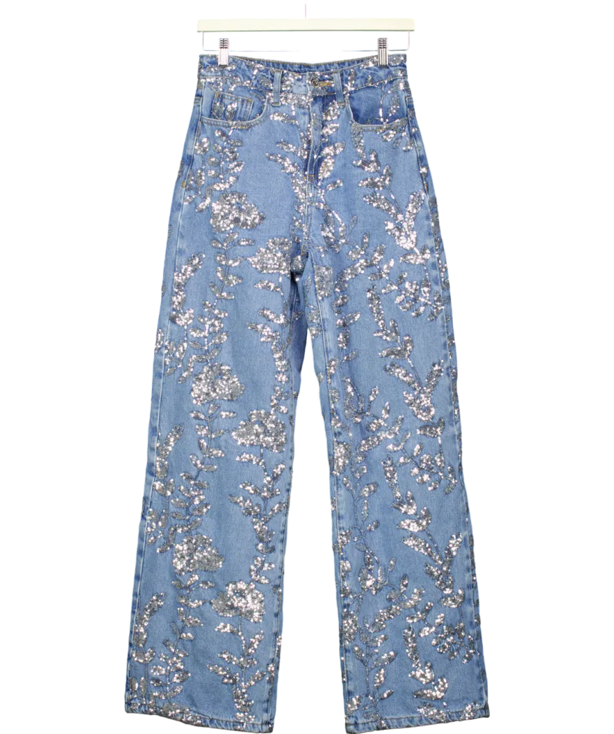 Karen Millen Blue Ivory Denim All Over Floral Sequin Wide Leg Trousers UK 6
