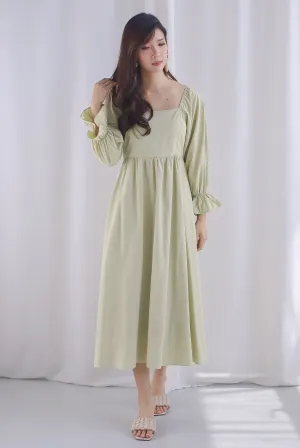 Karlina Puffy Sleeve Square Neckline Midi Dress In Pistachio