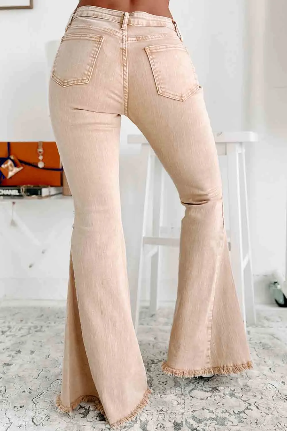Khaki Raw Edge Mid Waist Flared Jeans