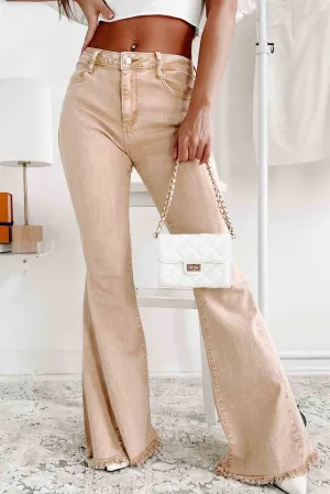 Khaki Raw Edge Mid Waist Flared Jeans