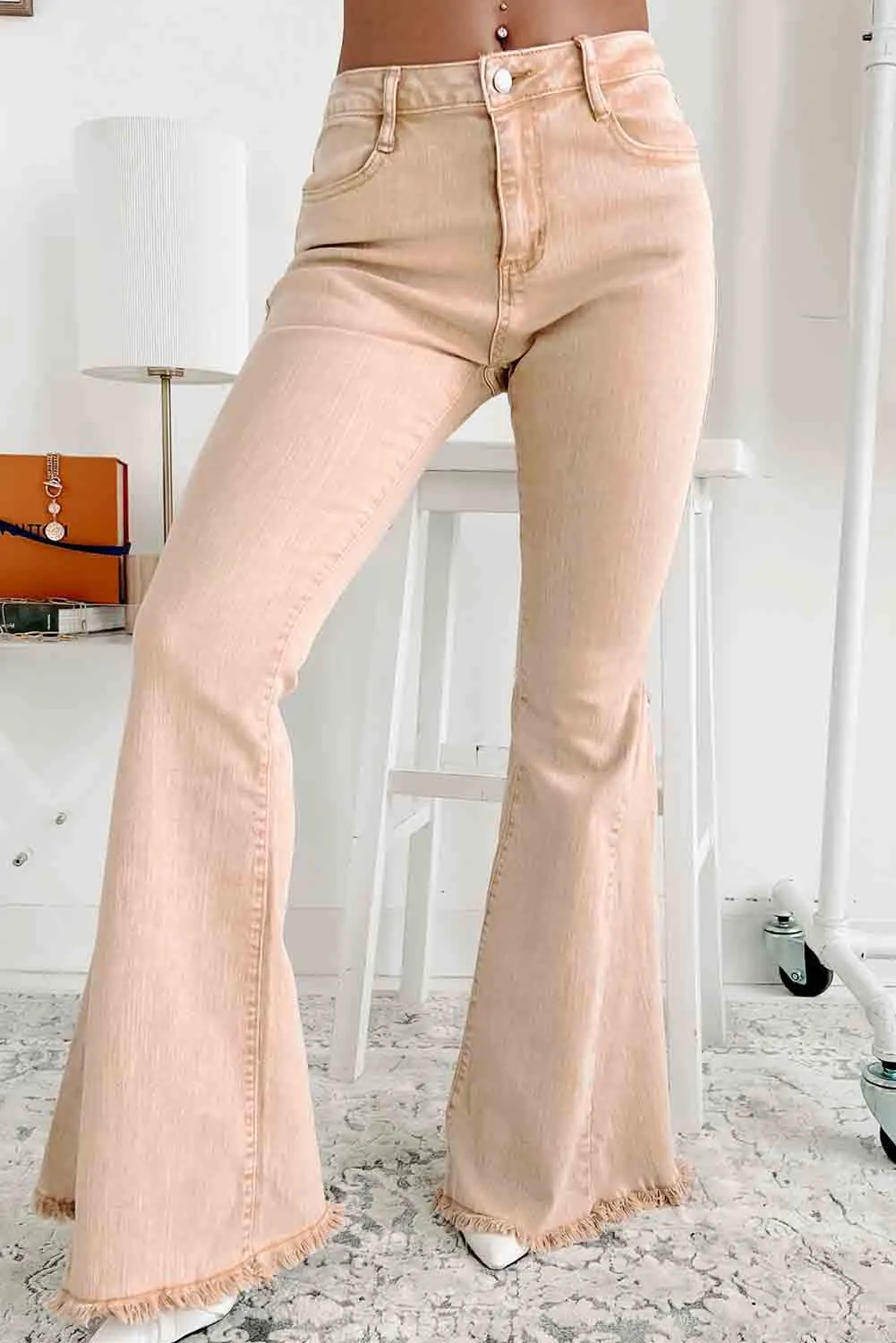 Khaki Raw Edge Mid Waist Flared Jeans