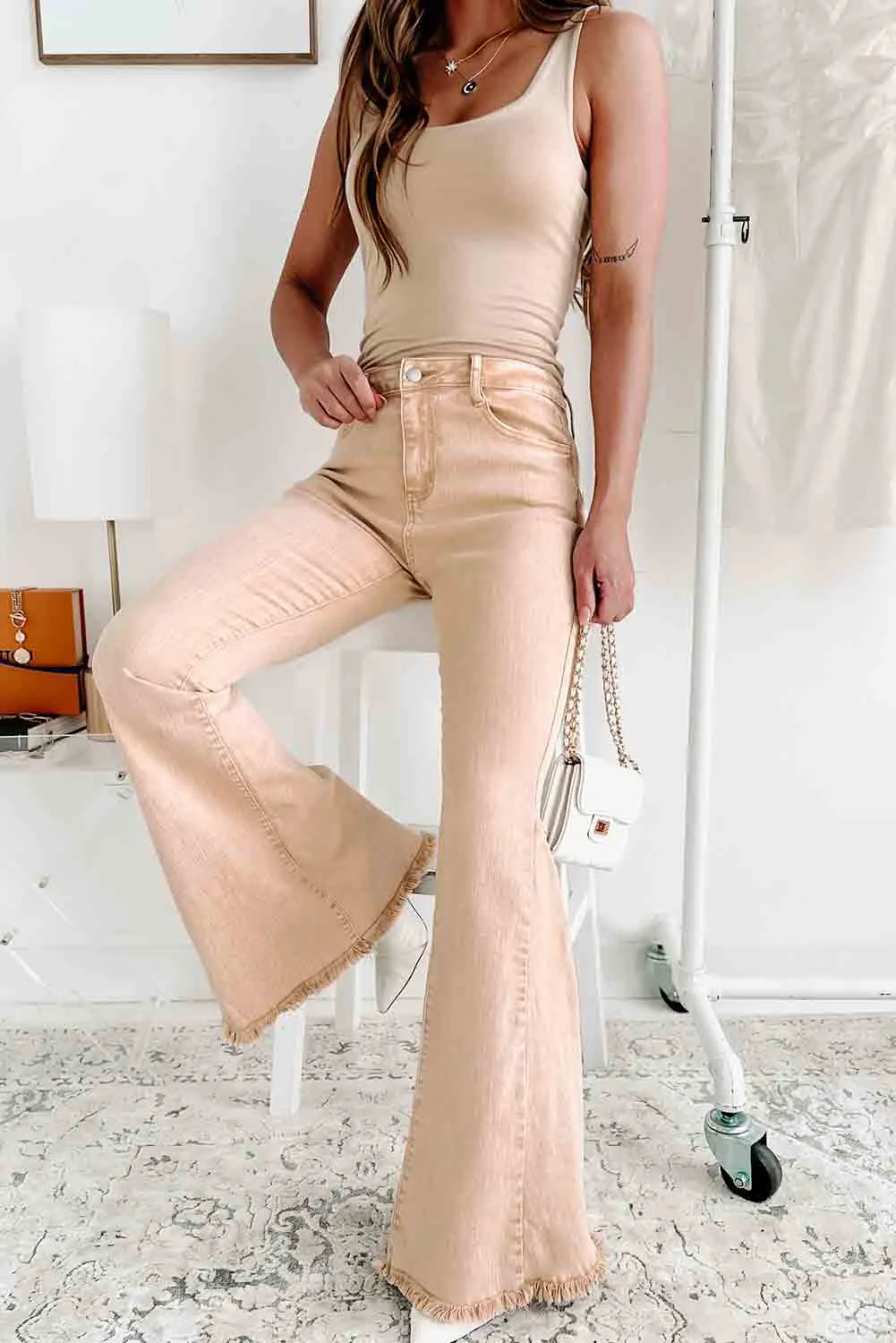 Khaki Raw Edge Mid Waist Flared Jeans