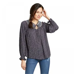 Knox Rose Women's Floral Print Bishop Long Sleeve Keyhole Neck Blouse