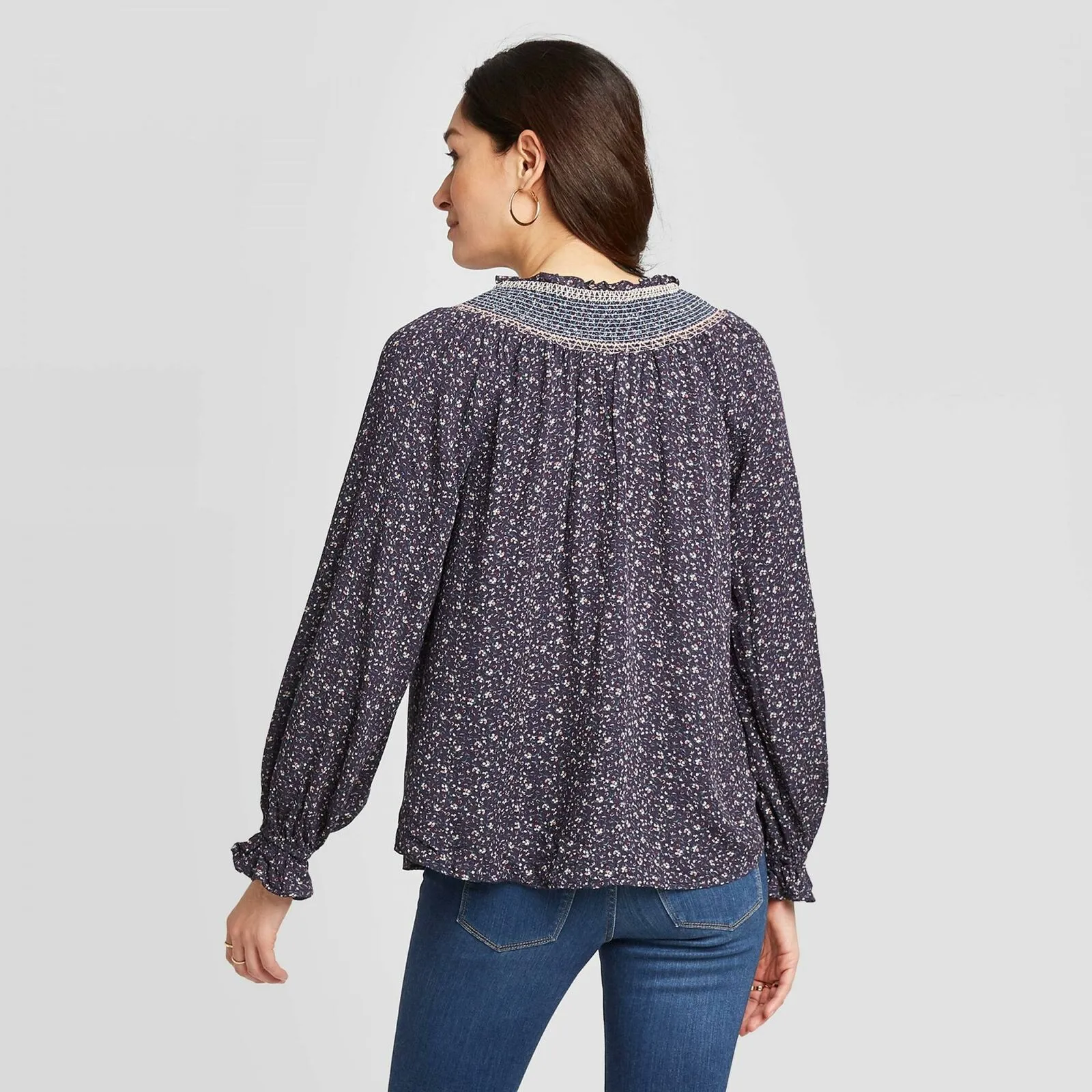 Knox Rose Women's Floral Print Bishop Long Sleeve Keyhole Neck Blouse