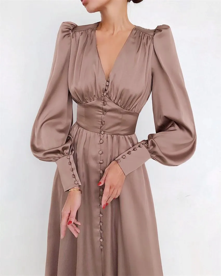 Lantern Bubble Sleeve Satin Midi Dresses Brown
