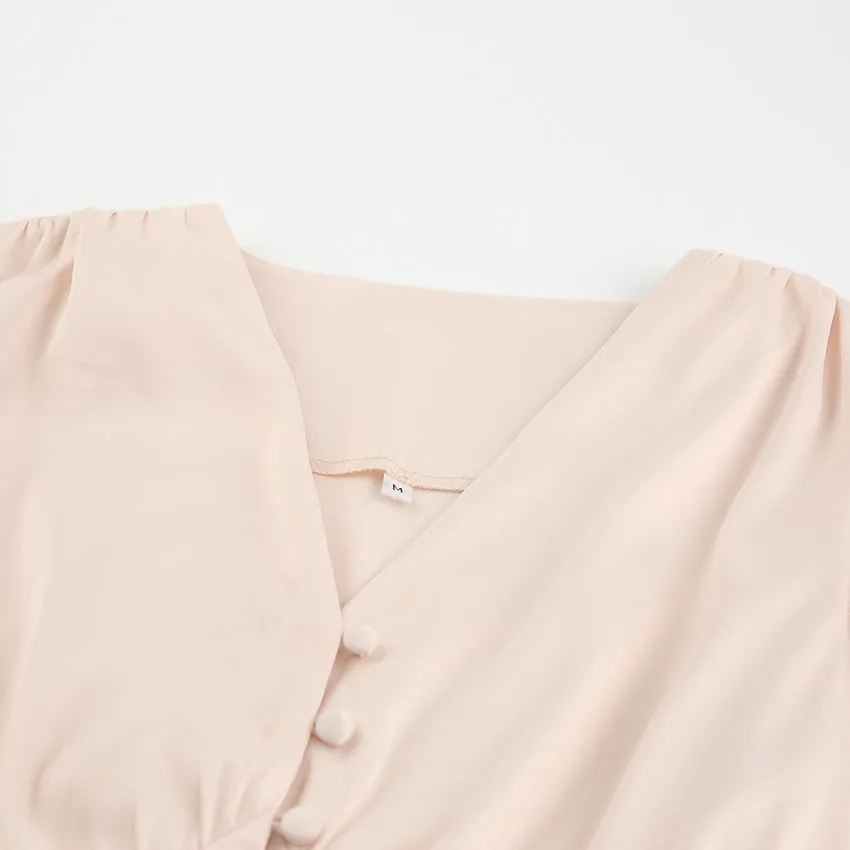 Lantern Bubble Sleeve Satin Midi Dresses Brown